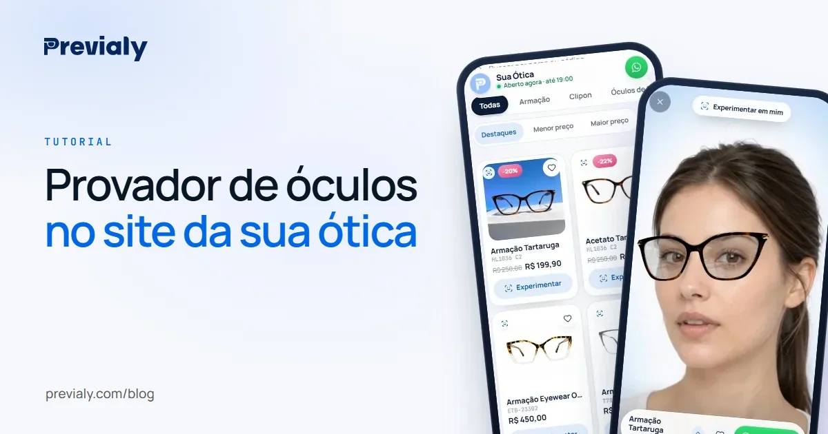 Dois celulares com o provador virtual mostrando armações no rosto em tempo real