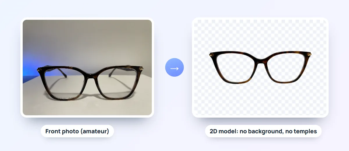 On the left, the front photo of a frame; on the right, the same frame cut out, with no background and no temples
