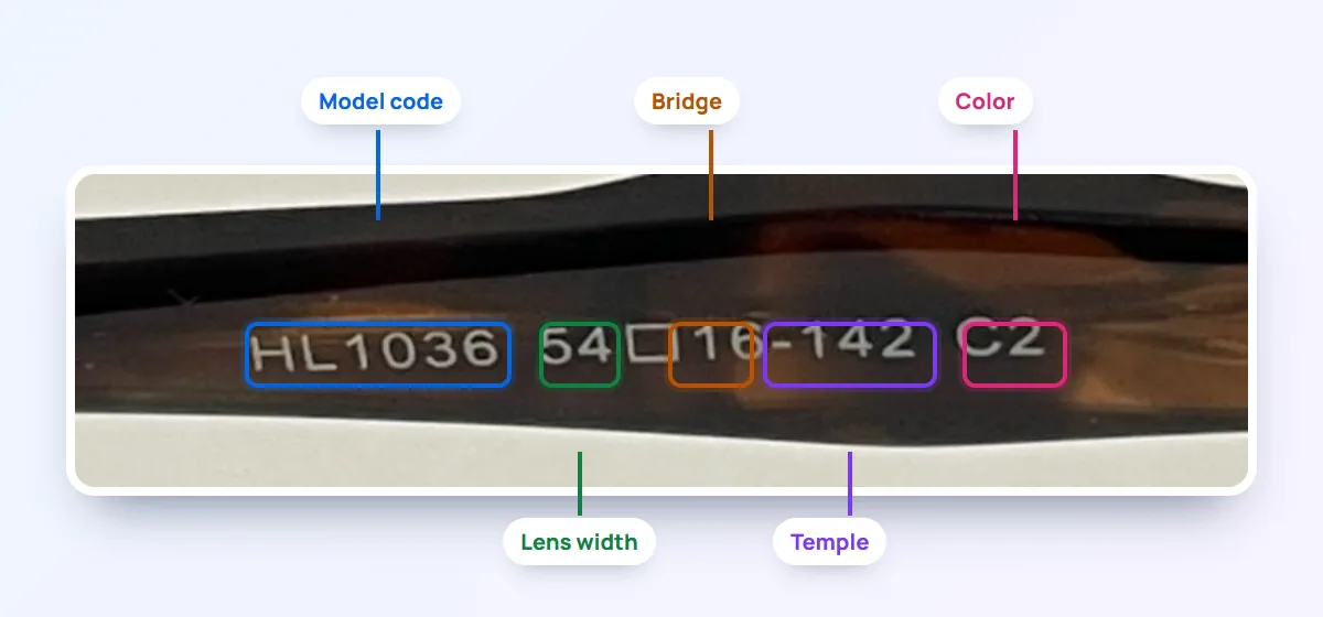 Inside of a glasses temple with the model code HL1036, the size 54□16-142 and the color C2, each part highlighted