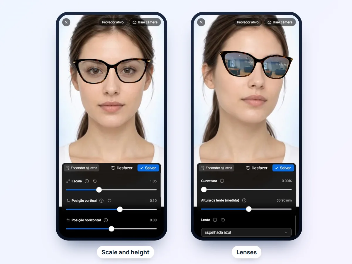 On the left, scale and vertical position on the sample face; on the right, the lens picker