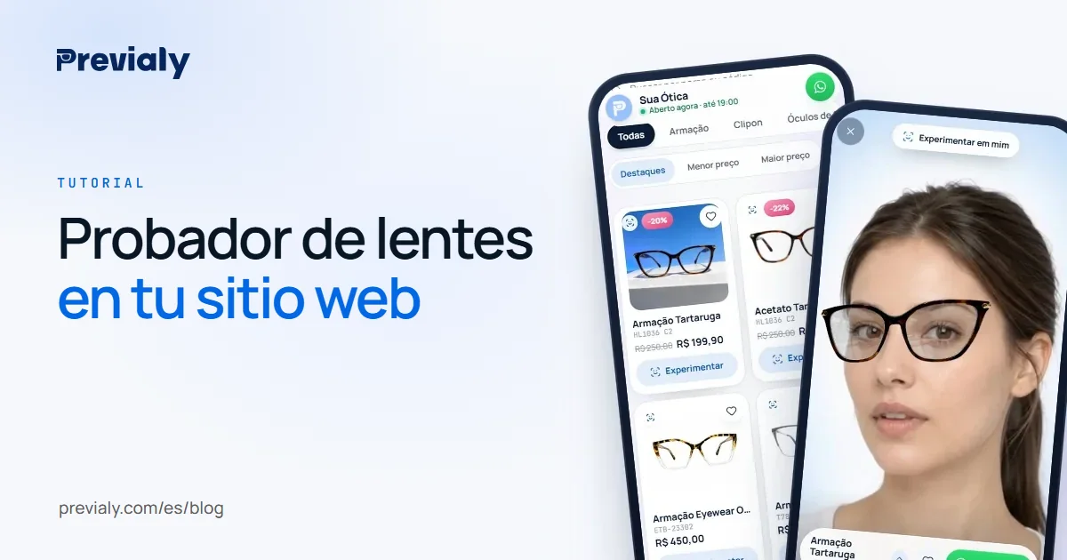 Dos celulares con el probador virtual mostrando armazones en el rostro en tiempo real