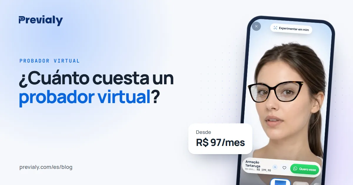 Una clienta probándose un armazón en el celular, con el sello Desde R$ 97 al mes