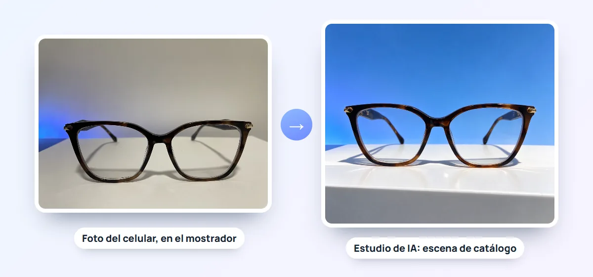 A la izquierda, un armazón fotografiado con el celular; a la derecha, el mismo armazón en foto de catálogo con fondo azul