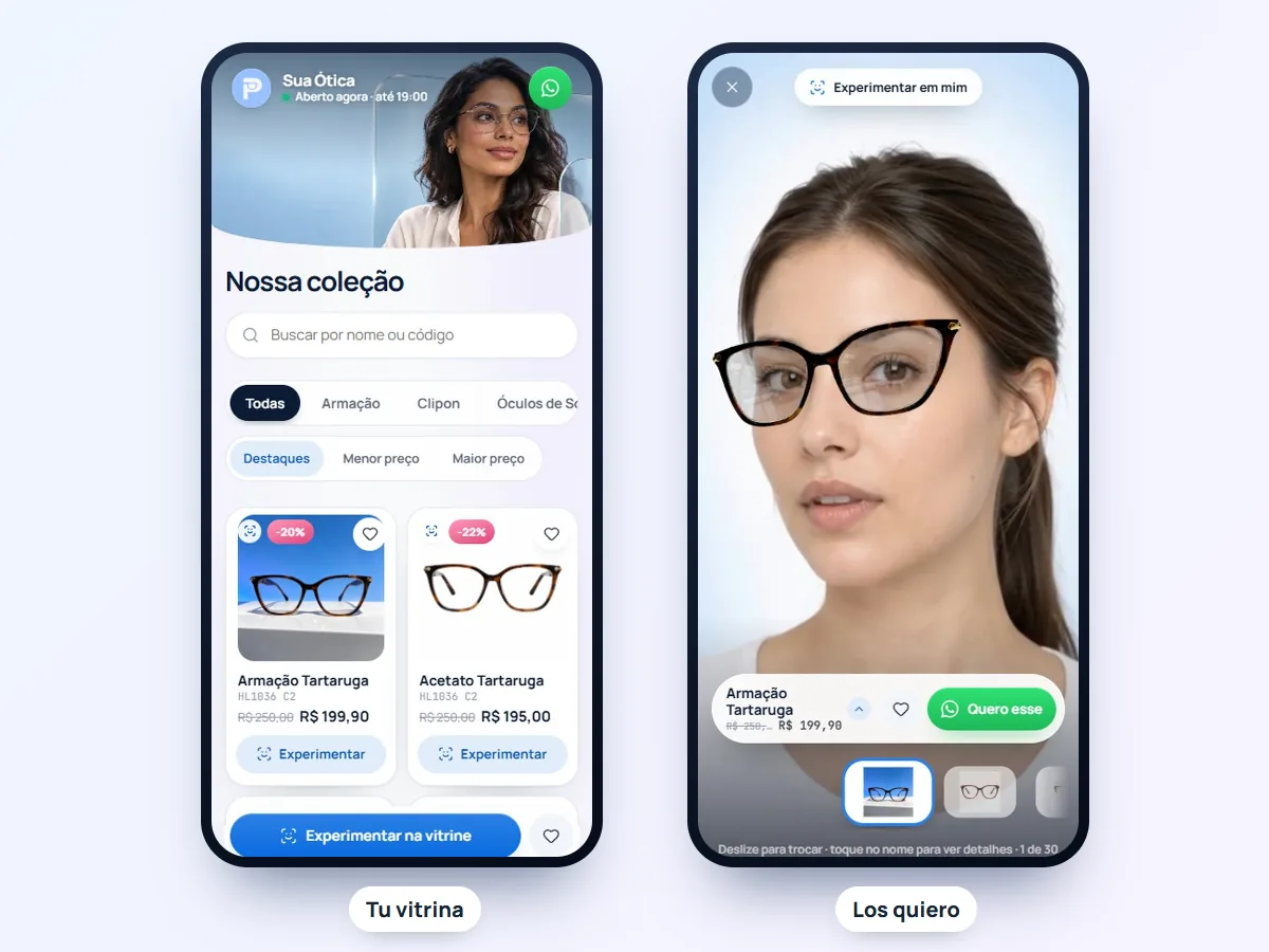 A la izquierda, la vitrina de una óptica con portada, buscador y armazones; a la derecha, una clienta probándose un armazón con el botón de WhatsApp