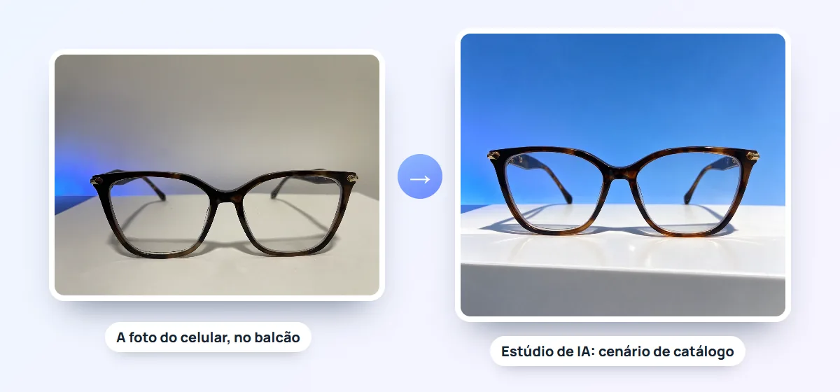 À esquerda, a foto de uma armação tirada no celular; à direita, a mesma armação em foto de catálogo com fundo azul