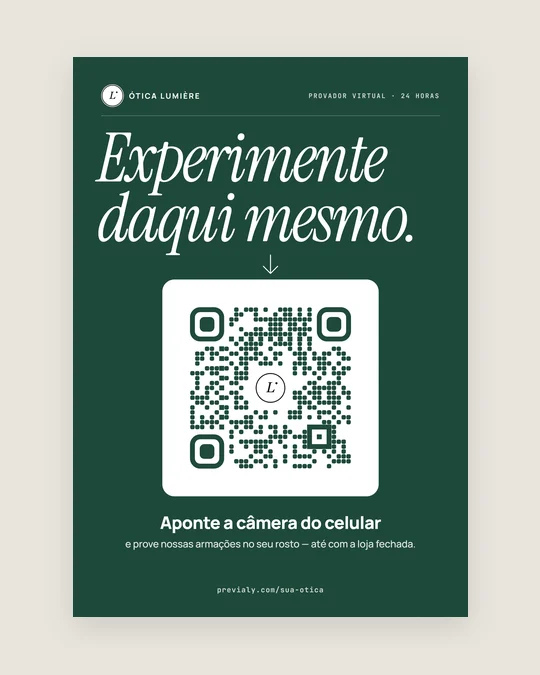 Cartaz de vitrine com QR code para o cliente experimentar as armações
